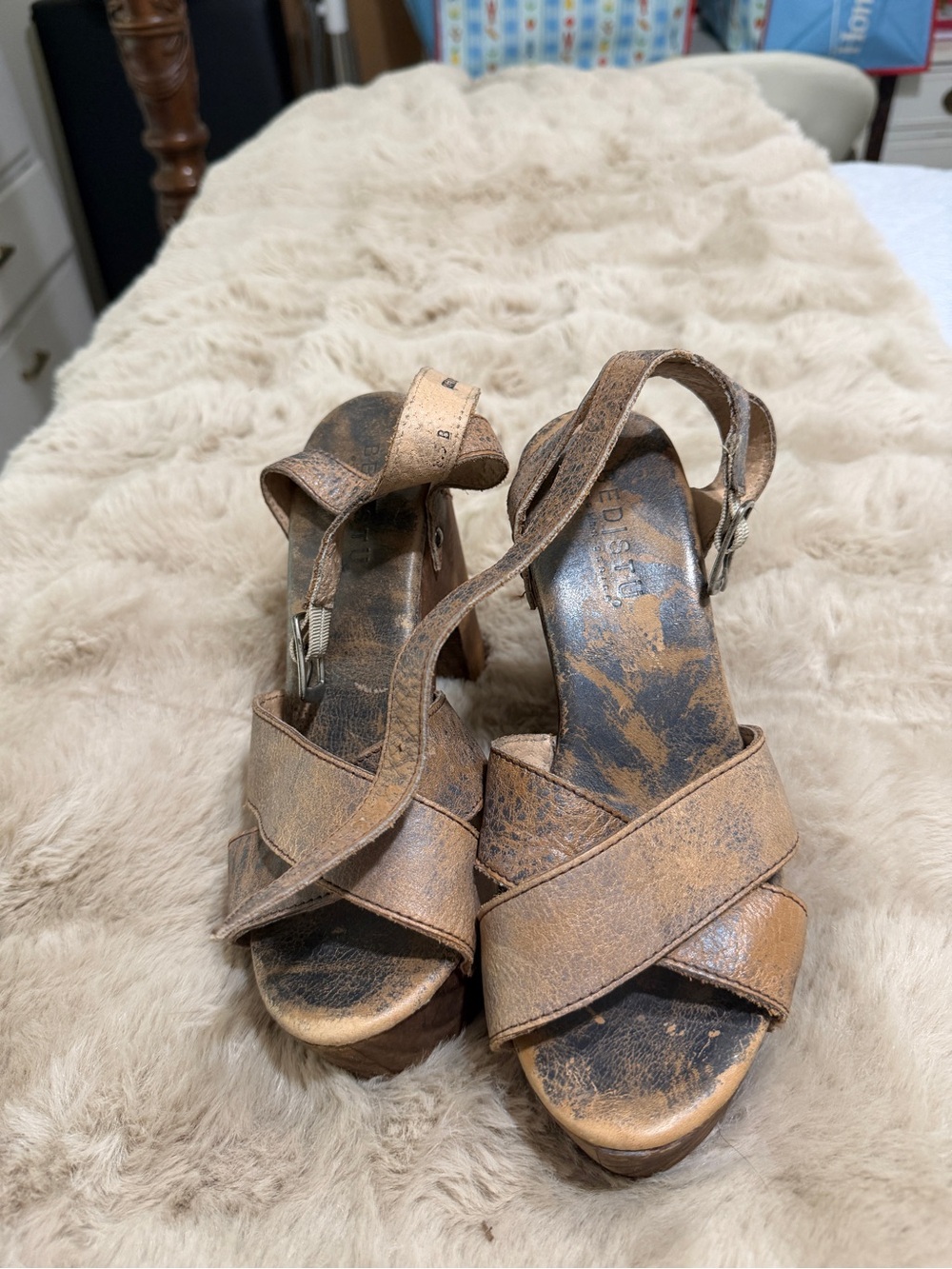 Bed Stu Rustic Brown Crisscross Leather Heels